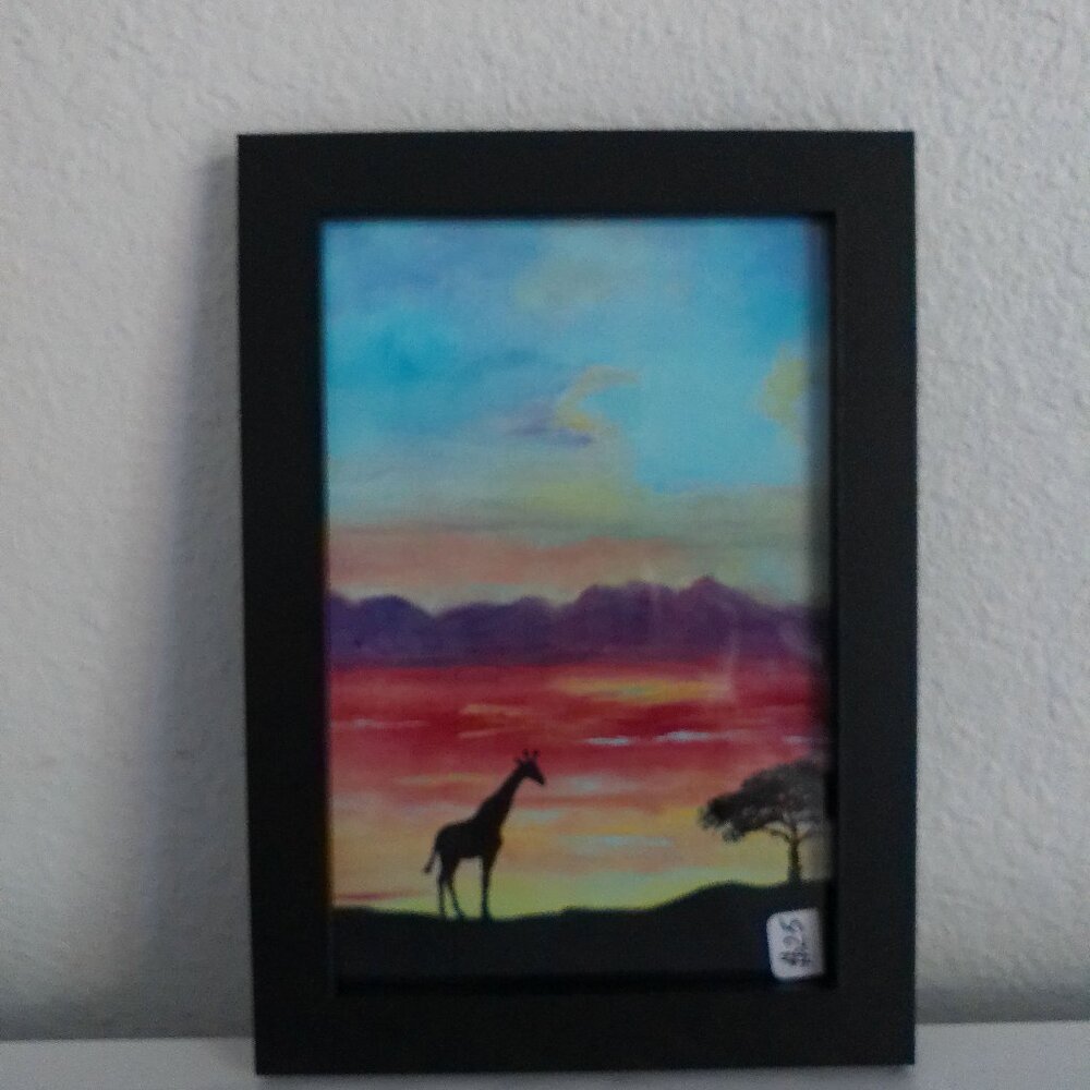 Sun Set Giraffe 4"x6" within a new black wood Frame, Africa, trees, natural